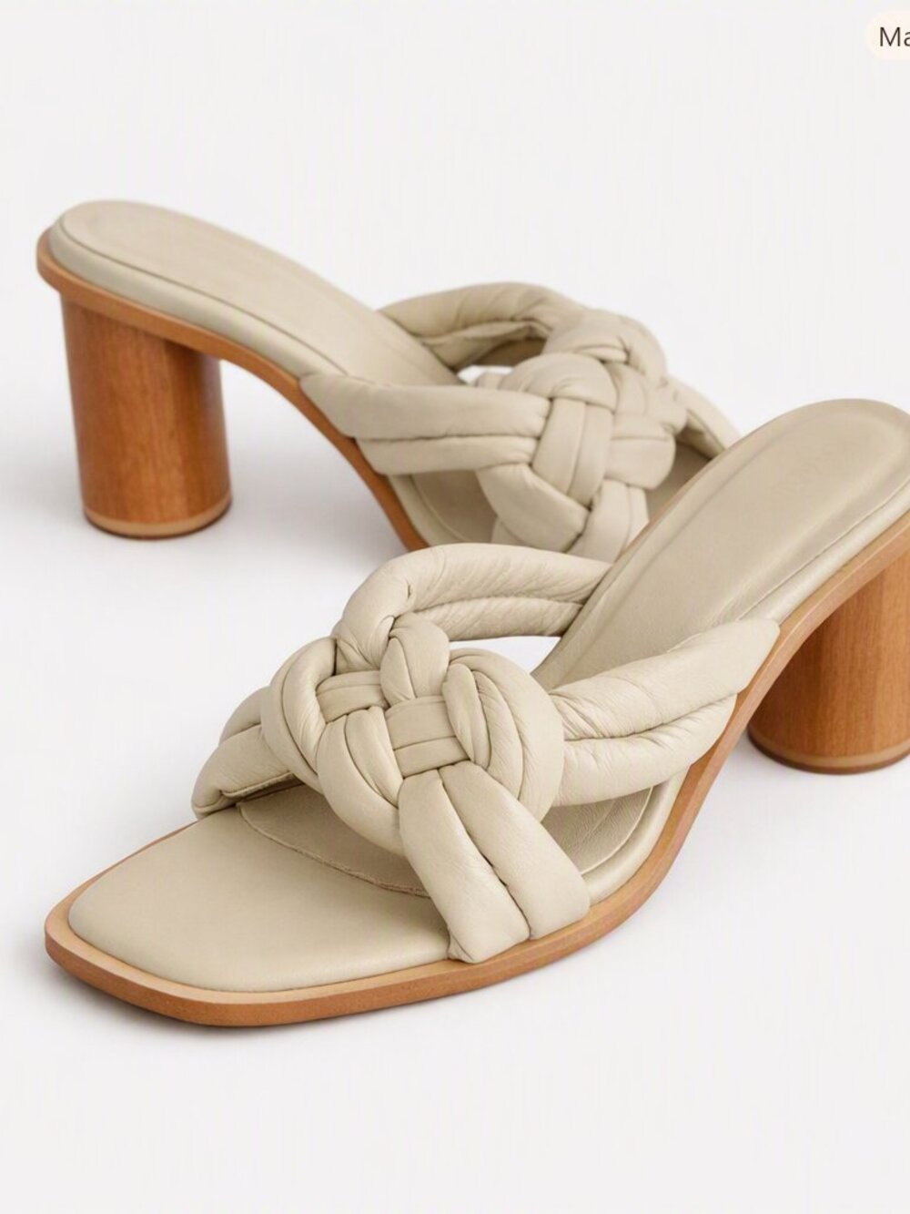 KAANAS Cream Braided Leather Heeled Sandals • Size 10 • Chic 3” Wood Block Heel